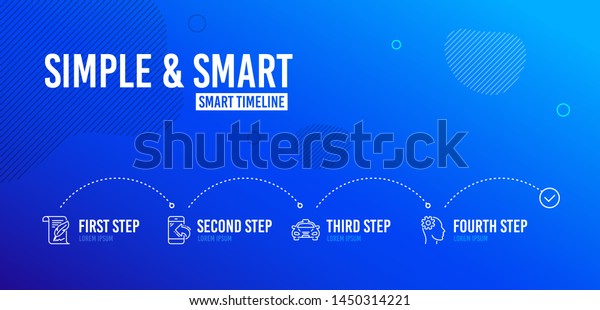 Infographic timeline. Incoming call, Taxi and\
Feather icons simple set. Engineering sign. Phone support, Public\
transportation, Copyright page. Cogwheel head. Business set. 4\
steps layout.\
Vector