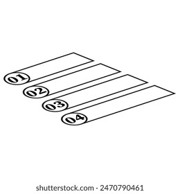 Etiquetas de línea de tiempo de infografía. Cuatro pasos numerados. Vector con contorno negro. Diagrama de orden secuencial.