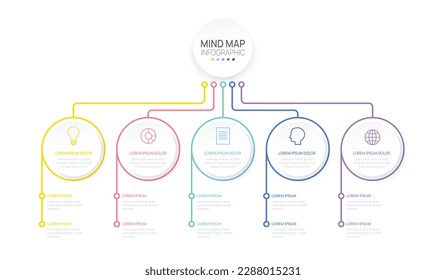 Elemento de Mindmap de línea de tiempo infográfico para la empresa. 5 Pasos Diagrama de Mind Modern, Infografía vectorial de presentación de hitos.