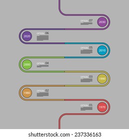 Infographic timeline. Multicolored time line of tendencies and trends. Vector web template. Isolated on gray background. Vector illustration, eps 8.