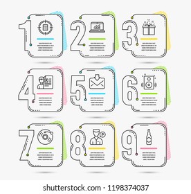 Infographic timeline with numbers 9 options. Set of Speakers, Calculator target and Online statistics icons. Valet servant, Vinyl record and Job interview signs. Timeline vector