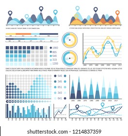 Infographic with timeline and numbers information vector. Schemes with percentage on pie diagram, charts with pointer and location signs, flowcharts