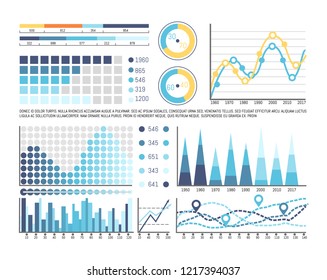 Infographic with timeline and numbers information vector. Schemes with percentage on pie diagram, charts with pointer and location signs, flowcharts