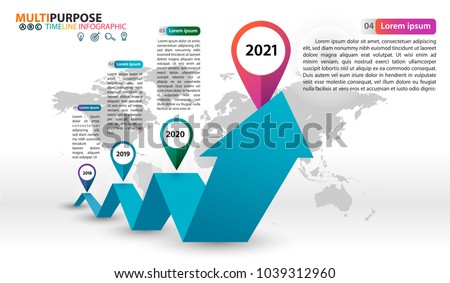 Infographic Timeline on blue bouncing arrow. Using for multiple purpose of use such as business presentation, workflow, process.
