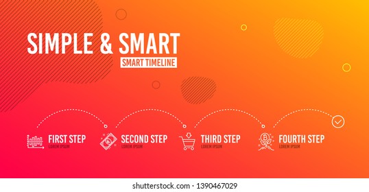 Infographic timeline. Online market, Euro money and Diagram chart icons simple set. Bitcoin project sign. Shopping cart, Cash, Presentation graph. Cryptocurrency startup. Finance set. Vector