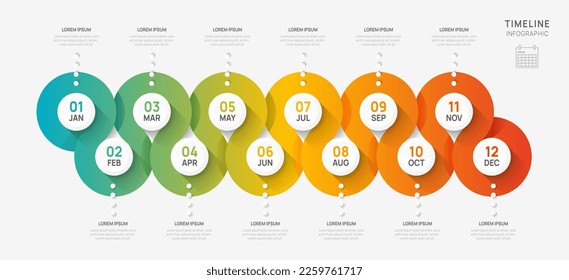 Infographic timeline presentation for 1 year, 12 months. elements diagram template for business. steps roadmap with circle topics, flat vector infographics, flow charts.