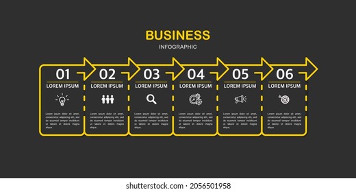 Infographic timeline process 6 steps yellow color