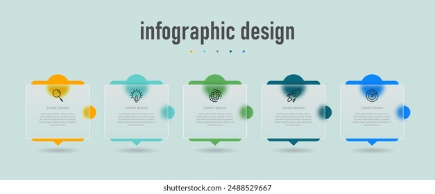 Proceso de línea de tiempo infográfico con diseño de Plantilla cuadrada con iconos y 5 opciones o pasos. Ilustración vectorial.
