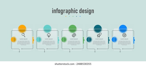 Proceso de línea de tiempo infográfico con diseño de Plantilla cuadrada con iconos y 5 opciones o pasos. Ilustración vectorial.
