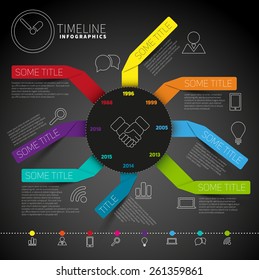  Infographic timeline report template with circle made from colorful papers - Vector dark illustration