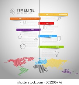 Infographic timeline report template with icons and labels, World map, Vector illustration