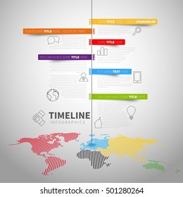 Infographic timeline report template with icons and labels, World map, Vector illustration