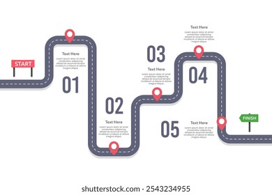 Infographic Timeline Roadmap 5 Business Milestones. The beginning and success of the business. Presentation, Plan, Banner and Brochure. Vector illustration.