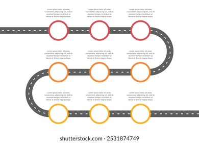 Roteiro de linha do tempo infográfico para apresentação de negócios com 9 etapas.