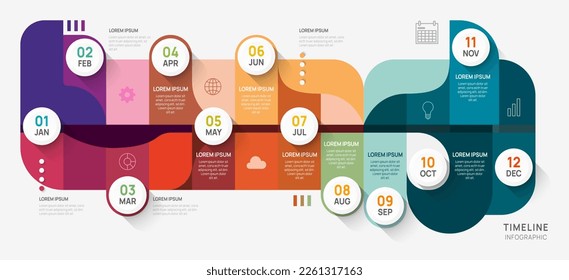Plantilla de diagrama de elementos redondeados de la línea de tiempo de la infografía para la empresa. 4 pasos sucesivos Hoja de ruta moderna con temas de círculo, infografías de vector plano, gráficos de flujo.