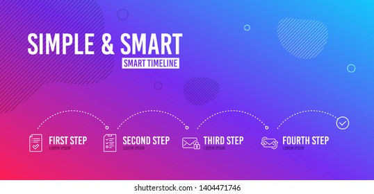 Infographic timeline. Secure mail, Approved checklist and Interview icons simple set. Refresh mail sign. Private e-mail, Accepted message, Checklist file. New e-mail. Education set. Vector