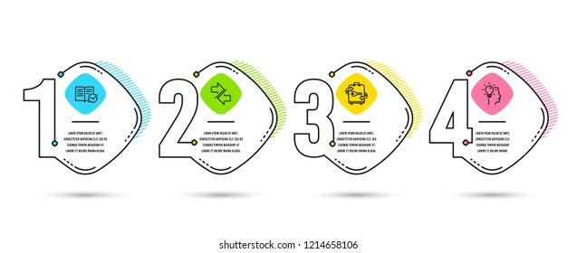 Infographic timeline. Set of Approved documentation, Luggage and Synchronize icons. Idea sign. Instruction book, Baggage locker, Communication arrows. Professional job. Infographic timeline vector