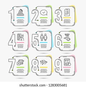 Infographic timeline set of Approved message, Restroom and Tutorials icons. Roller coaster, Contactless payment and Airplane signs. Vector