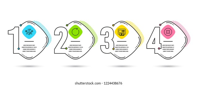 Infographic timeline set of Atm, Synchronize and Correct answer icons. Close button sign. Money withdraw, Refresh or update, Approved. Delete or decline. Timeline vector