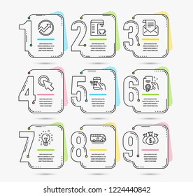 Infographic timeline set of Audit, Bus tour and Click here icons. Education, Idea and Certificate signs. Mail newsletter, Coffee machine and Check investment symbols. Timeline vector