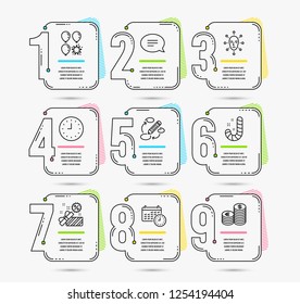 Infographic timeline. Set of Candy, Face biometrics and Sale icons. Chat, Clock and Calendar signs. Balloon dart, Keywords and Currency symbols. Vector