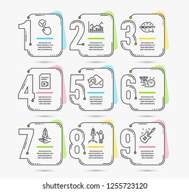 Infographic timeline set of Checkbox, Infochart and Launch project icons. Send mail, Creativity and Crowdfunding signs. Video file, Quick tips and Electric guitar symbols