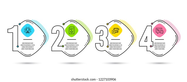Infographic timeline set of Checkbox, Trophy and Upload file icons. Discounts sign. Survey choice, Winner cup, Load document. Best offer. Process diagram, workflow layout. Timeline vector