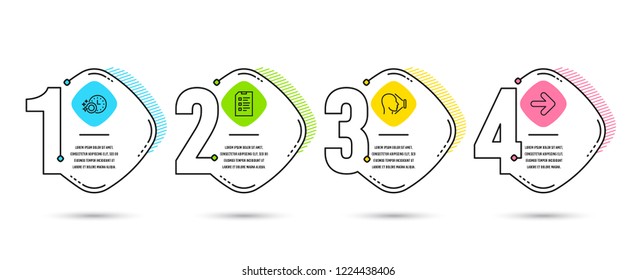 Infographic timeline set of Checklist, Face id and Dishwasher timer icons. Next sign. Data list, Identification system, Cleaning dishes. Forward. Process diagram, workflow timeline vector