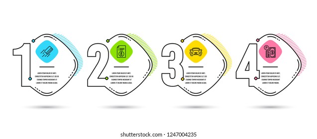 Infographic timeline. Set of Credit card, Technical info and Car icons. Parking payment sign. Bank payment, Documentation, Transport. Paid garage. Process diagram, workflow layout