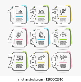 Infographic timeline set of Customer satisfaction, Copyright chat and Web tutorials icons. Music phone, Upper arrows and Quick tips signs. Vector