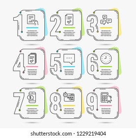 Infographic timeline set of Document, Blog and Approved checklist icons. Quick tips, Clock and Phone payment signs. Handout, Chat messages and Calculator alarm symbols. Vector