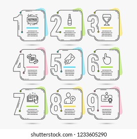 Infographic timeline set of E-mail, Add user and Fastpass icons. Beer bottle, Hand click and Technical documentation signs. Marketing, Wine glass and Certificate symbols. Vector