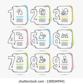 Infographic timeline set of Face biometrics, Identity confirmed and Brainstorming icons. Users chat, Face cream and Person idea signs. Users, Communication and Human symbols