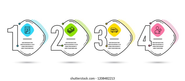 Infographic timeline. Set of Free delivery, Hdd and Dollar icons. Refer friend sign. Shopping truck, Hard disk, Usd currency. Share. Process diagram, workflow. Infographic timeline graph vector.