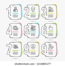 Infographic timeline. Set of Hand click, Face biometrics and Online shopping icons. Security, Exhibitors and Businessman case signs. Infographic timeline vector