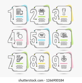 Infographic timeline set of Hat-trick, Clock bell and Checkbox icons. Quickstart guide, Online shopping and Touchpoint signs. Beer glass, Calculator alarm and Startup symbols