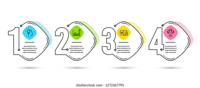 Infographic timeline set of Idea, Efficacy and Music book icons. Victory sign. Professional job, Business chart, Musical note. Championship prize. Process diagram, workflow layout