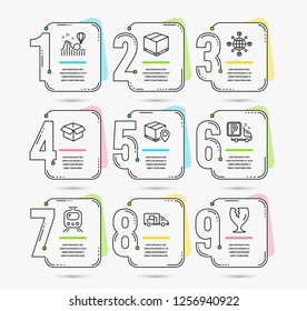 Infographic timeline set of Logistics network, Parcel tracking and Opened box icons. Truck parking, Delivery box and Train signs. Vector