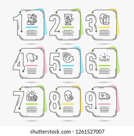Infographic timeline set of Mint bag, Cream and Face biometrics icons. Problem skin, Face id and Mint leaves signs. 24 hours, Clean skin and Ambulance emergency symbols
