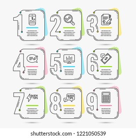 Infographic timeline set of Music making, Copywriting and Quickstart guide icons. Accepted payment, Mobile finance and Message signs. Timeline vector