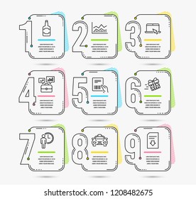 Infographic timeline. Set of Parcel invoice, Whiskey bottle and Business portfolio icons. Taxi, Present delivery and Trade infochart signs. Infographic timeline vector