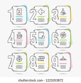 Infographic timeline. Set of Post package, Survey progress and Approved document icons. Tablet pc, Coffee cup and Left arrow signs. Timeline vector