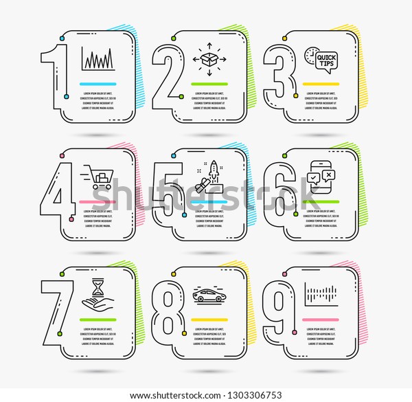 Infographic timeline set
of Quick tips, Shopping cart and Phone survey icons. Parcel
delivery, Line graph and Time hourglass signs. Innovation, Car and
Column diagram
symbols