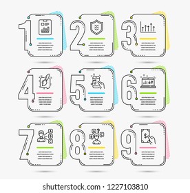 Infographic timeline set of Quiz test, Music phone and Painting brush icons. Opinion, Shield and Sound check signs. Report document, Growth chart and Receive money. Quiz vector