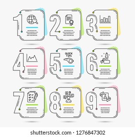 Infographic timeline set of Quiz test, Innovation and Diagram icons. Tutorials, Survey checklist and Certificate signs. Vector