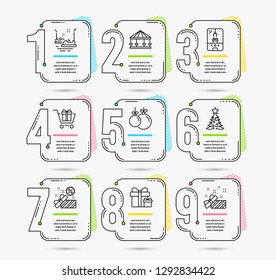 Infographic timeline set of Sale, Christmas ball and Surprise package icons. Shopping cart, Christmas tree and Crane claw machine signs. Vector