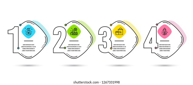 Infographic timeline set of Sale, Shopping and Santa sack icons. Fireworks sign. Gift box, Gifts and sales, Gifts bag. Christmas pyrotechnic. Process diagram, workflow layout