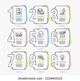 Infographic timeline set of Service, Face attention and Quick tips icons. Infochart, Stats and Report document signs. Business portfolio, Vacancy and Idea symbols. Timeline vector