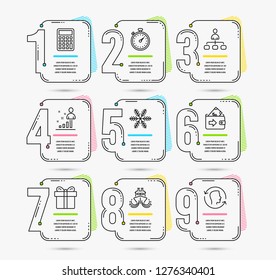 Infographic timeline set of Stats, Gift box and Snowflake icons. Timer, Calculator and Ship signs. Management, Wallet and Face id symbols. Vector