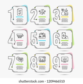 Infographic timeline. Set of Surprise boxes, Finance and Correct answer icons. Survey results, Mocha and Approved checklist signs. Infographic timeline vector